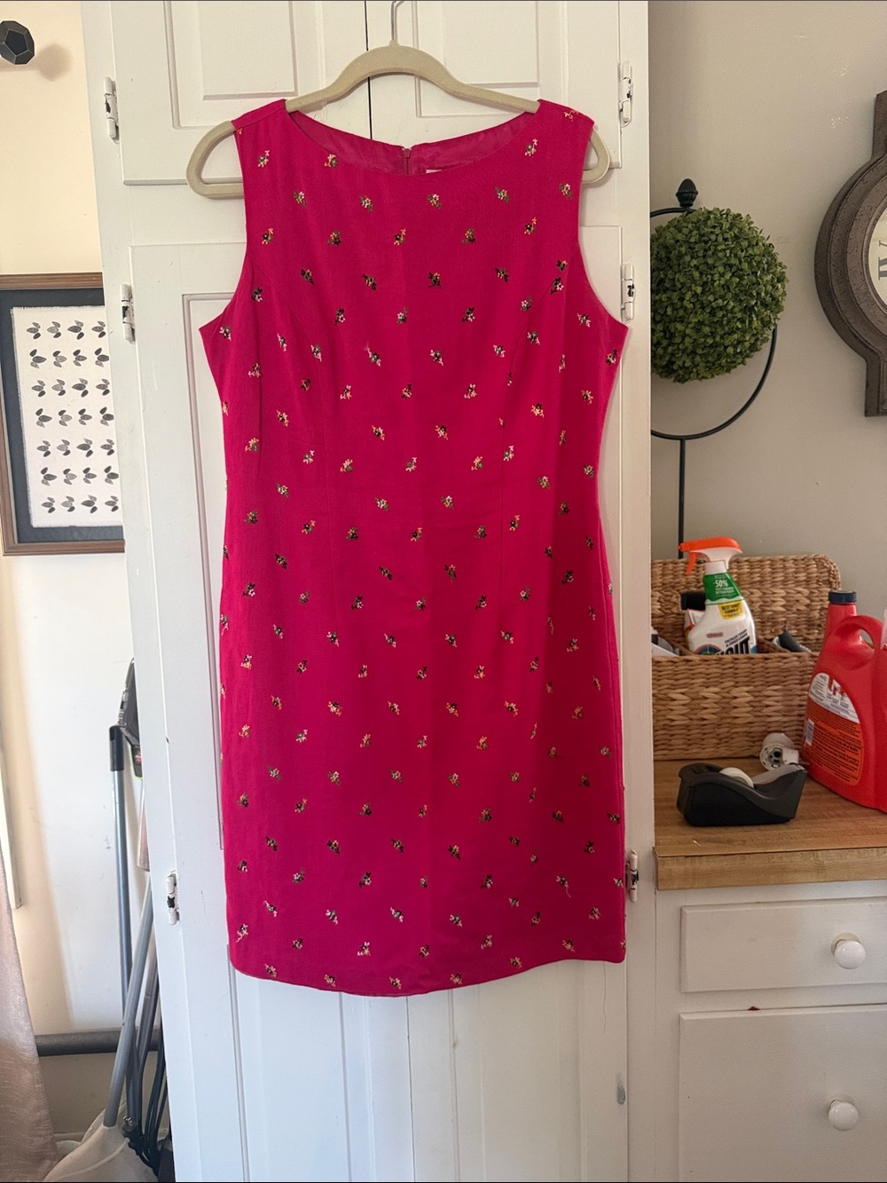 Sleeveless Hot Pink Floral Embroidered Midi Dress